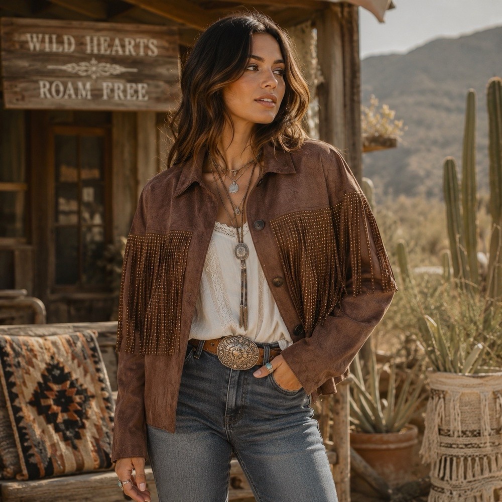 Melrose With Love Brown Faux Suede Gold Studded Fringe Jacket Western Festival S